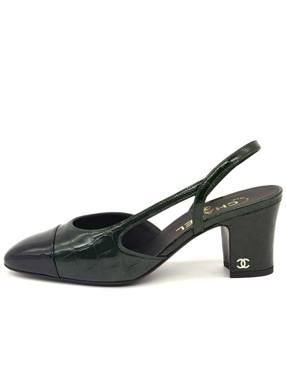 CHANEL 26A Metiers d'Art Croc Embossed Patent Leather Slingback Sandals Heels